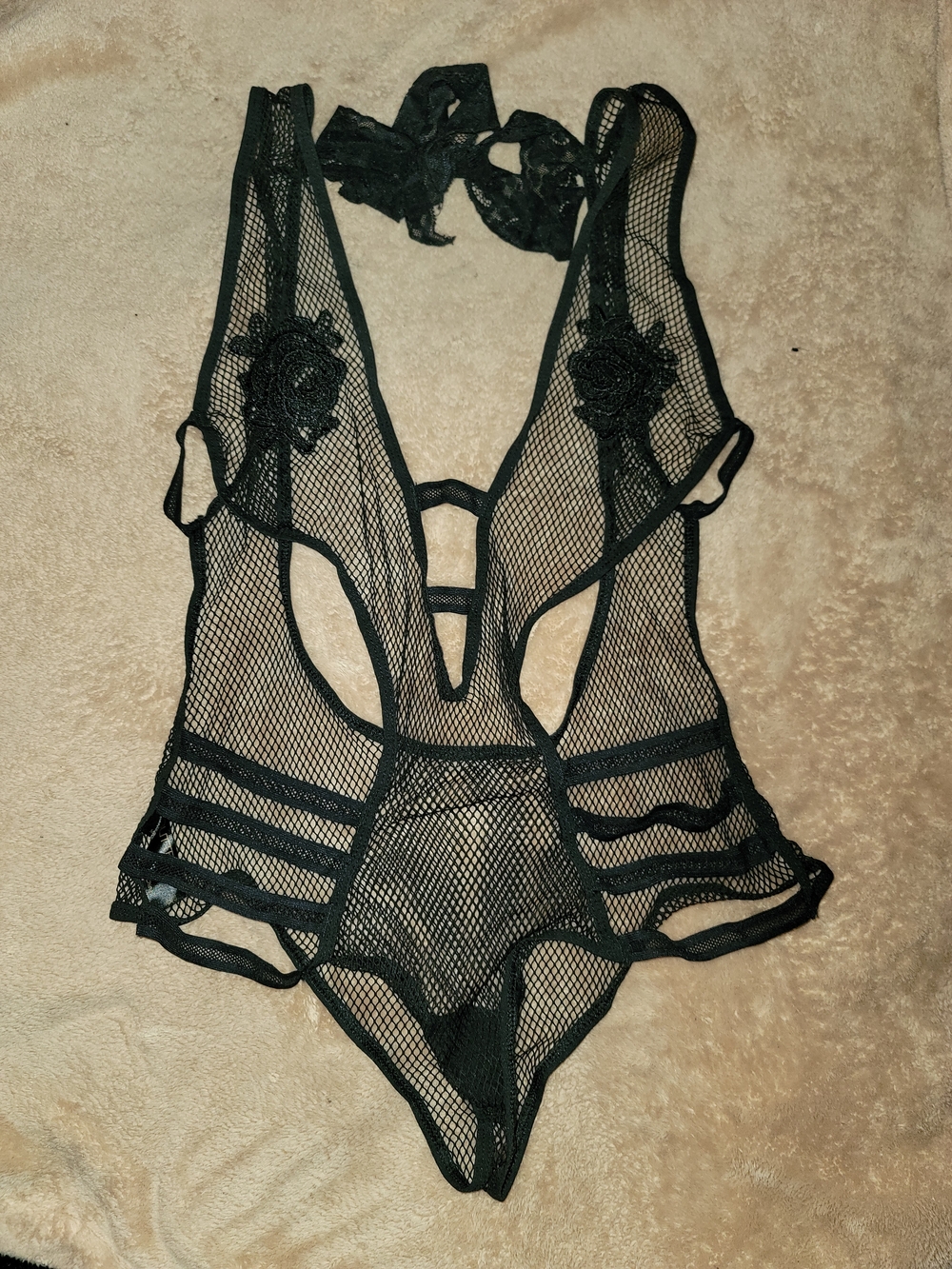 Black Mesh Lace Applique Halter Teddy